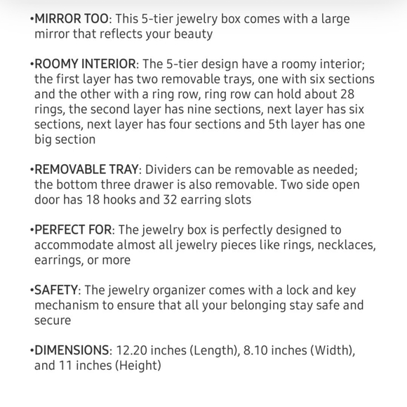 NEW Black Wooden Carved Flower with Crystals 5 Tier Jewelry Box w/Lock - Picture 8 of 8